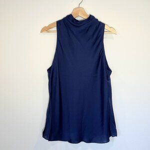 House of Harlow 1960 navy satin drape neck sleeveless blouse womens large